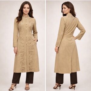 Anthropologie Elevenses Embroidered Tan Coat Jacket | Vintage | Size 8